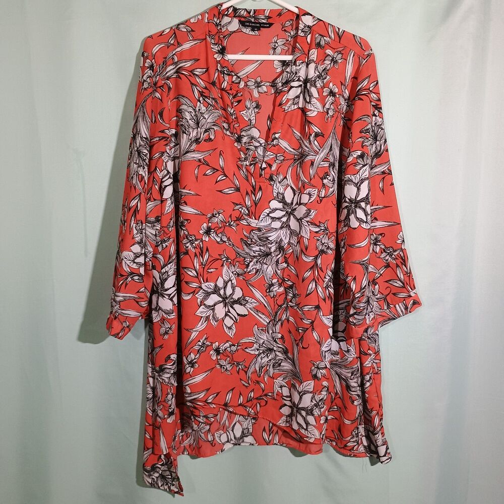 Coral Floral Tunic Blouse 3/4 Sleeve V Neck Flowy Top